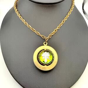Vtg Reversible Pendant Necklace Pressed Daisy White Cross Swivel Gold Tone 20"